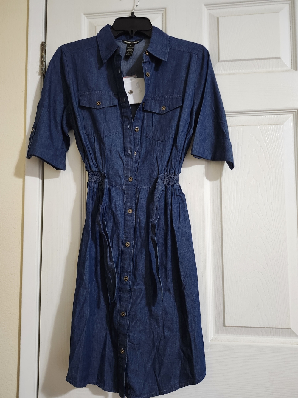 Button-Front Denim Midi Shirt Dress in Dark Blue